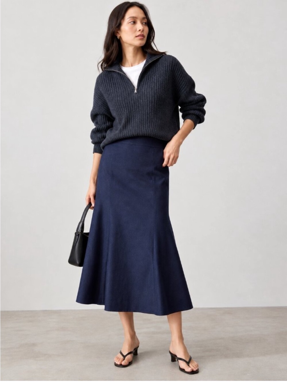 Uniqlo Navy Blue Flannel Maxi Skirt Mermaid High Waist Size 4 Lined